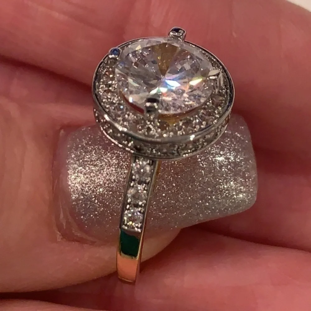 Gold silver tone large faux Diamond solitaire statement cocktail ring